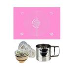 Pembe 45x65 Cm Silikon Hamur Açma Matı, Çelik Un Eleği Ve Hamur Dinlendirme Poşeti 8 Li Çok Renkli