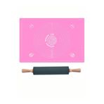 Pembe 45X65 Cm Silikon Hamur Açma Matı Ve Siyah Dönerli Merdane