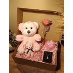 Pembe Ayıcık 25cm - Anahtarlık - Dilek Şişesi - Kalpli Kutu - Sonsuzluk Gülü - Kolye Hediye Seti