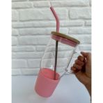 Pembe Bambu Kapaklı Paslanmaz Çelik Pipetli Renkli Silikon Başlıklı Cam Big Mug Bardak Kupa Termos 1 L