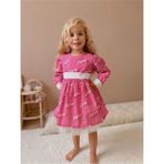 Pembe Barbie Desenli Astarlı Beyaz Fiyonklu Elbise - 2 - 3 Yaş