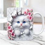 Pembe Çiçekli Sevimli Kedi Temalı 3D Efektli Porselen Kupa Bardak - Kedili Kupa Bardak - Beyaz - 300 ml