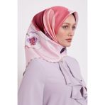 Pembe Çizim Çiçek Desen Twill İpek Eşarp