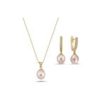 Pembe Damla Doğal İnci Kolye Küpe İkili Set (Sarı)