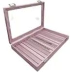 Pembe Deri Kumaş Bölmeli Cam Kapaklı Takı Kutusu 34X24 cm - Ahşap - Bej