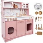 Pembe Fayans Desenli Ahşap Çocuk Mutfak 9 Parça Servis Seti ve LED Hediyeli - Seçenek 1 - Ahşap - Bej