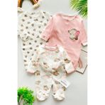 Pembe Fil Desenli 3'lü Patikli Tulum (Kız - Erkek - Yenidoğan) - 00406 Pembe - 3 - 6 Ay