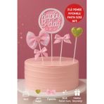 Pembe Fiyonklu Happy B-Day Pasta Süsü 3’lü Set – Altın Kalpli Simli Doğum Günü Dekoru