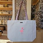 Pembe Flamingo ve Tropikal Yapraklar Baskılı Naturel Kanvas Bez Çanta Pudra Sap Beyaz Cırt Cırtlı Suluk Tutuculu - Küçük - Küçük Baskı - 130-Krem Rengi