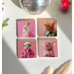 Pembe Fonlu Eğlenceli Hayvan Illüstrasyonlu Doğal Taş Bardak Altlığı 4’lü Set Cool - 10 x 10 cm