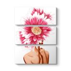 Pembe Gerbera Ve Kadın Tablosu 70 x 96-3 Parçalı