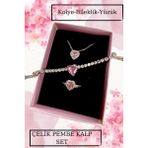 Pembe Kalp Çelik Kolye Bileklik Yüzük Kombin Seti Sevgili Hediyelik Yıldönümü Hediye Konsept Hediye