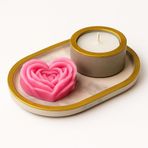 Pembe Kalp Gül Dekoratif Mum & Gold Mermer Desenli Tepsi – El Yapımı Hediyelik Mum Seti