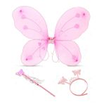 Pembe Kelebek Kız Seti – 50 cm Kelebek Kanadı, Taç ve Asa