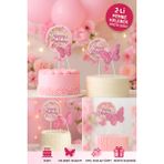 Pembe Kelebekli Pasta Süsü 2’li Set – Simli Happy Birthday Tasarım Doğum Günü Dekoru