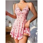 Pembe Kiraz Baskılı Mini Gecelik Elbise, Dantel Askılı, Fırfırlı, V Yaka, Romantik Stil