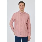 Pembe Kol Çizgili Desen Armürlü Düğmeli Yaka Cepli Pamuklu Classic Comfort Fit Gömlek 1004250157