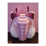Pembe - Lila Ekoseli Mug ve Simli Kulak Boynuz Dekorlu Yumuşak Peluş Kulaklık 2 li Set