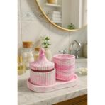 Pembe Mermer Desenli Dekoratif Set – Şekerlik, Kapaklı Kutu & Beton Tepsi