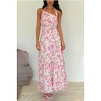 Pembe Önü Büzgülü Çiçekli Uzun Elbise MG2363