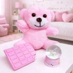 Pembe Peluş Ayıcık Kar Küresi Ve Pembe Çikolata Not Defteri