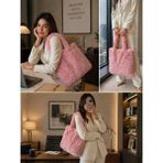 Pembe Peluş Omuz Çantası Kadın – Yumuşak Dokulu, Geniş Iç Hacimli, Hafif, Günlük Kullanım, One Size Tote Çanta - Gri