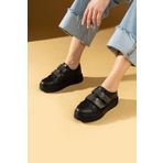 Pembe Potin 001-8282-24S Çift Bant Taş Detaylı Kalın Taban Siyah Kadın Sneaker