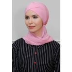 Pembe Pratik Hazır Geçmeli Tesettür Bone Sandy Kumaş Çapraz Büzgülü Şifon Atkılı 1801A_04