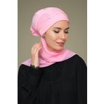 Pembe Pratik Hazır Geçmeli Tesettür Bone Sandy Kumaş İncili Nervürlü Güllü Atkılı 1805A_04
