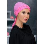 Pembe Pratik Hazır Geçmeli Tesettür Bone Sandy Kumaş Örgülü Güllü 1203_04
