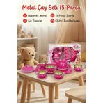 Pembe Puantiyeli Metal Oyuncak Çay Seti 15 Parça - Eğitici Teneke Evcilik Mutfak Oyun Takımı