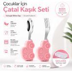 Pembe Renk Premium Çocuk Bpa Free Silikon Saplı Paslanmaz Çelik Uçlu Çatal-Kaşık, (9+ Ay)