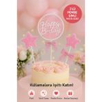 Pembe Simli Happy B-day Pasta Süsü – Fiyonklu ve Yıldız Figürlü 3’lü Cake Topper Seti