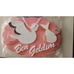 Pembe Simli Strafor Bebek Kapı Süsü - Leylek Figürlü Altta "Ben Geldim" Yazılı Kız Bebek Hastane Odası ve Bebek Odası Duvar Dekoru - 45x30 cm