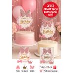 Pembe Taç ve Kelebekli Pasta Süsü 3’lü Set – Işıltılı Happy Birthday Doğum Günü Dekoru