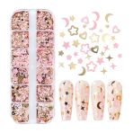 Pembe Ve Gold Tırnak Süsleme Folyo Pulları Karışık Dizayn Ay Yıldız Kalp Nail Art