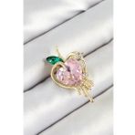 Pembe Ve Yeşil Zirkon Taşlı 3D Eriyen Kalp Figürlü Gold Renk Kadın Broş