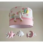 Pembe Yıldız Desenli Unicorn Figürlü Bebek/ Çocuk Odası Tasarım Avize Aydınlatma - Beyaz