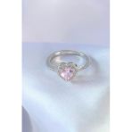 Pembe Zirkon Taşlı Kalpli Charm Pirinç Kadın Yüzük (Gümüş Renk)