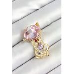 Pembe Zirkon Taşlı Kap Detaylı Kedi Figürlü Gold Renk Kadın Broş