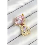 Pembe Zirkon Taşlı Kedi Figürlü Gold Renk Kadın Broş