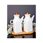 Pembelia Life 2'li Ahşap Standlı Kare Porselen 1000ml Yağlık&sirkelik 3'lu Yağdanlık Set