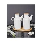 Pembelia Life 2'li Bölmeli Stantlı Porselen Çizgili 1000 Ml Yağlık&sirkelik Beyaz Yağdanlık Set