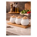 Pembelia Life 3’lü Bambu Standlı Porselen Baharatlık Set Baharat Saklama Kavanoz Takımı