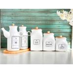 PEMBELİA LİFE 6 Parça Bambu Standlı Porselen 1000ML Yağdanlık ve 3'lu Çay Şeker Türk Kahve Kavanoz Seti Yağlık Set