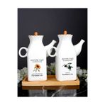 Pembelia Life Etiketli Bambu Standlı 2'li Kare Porselen 1000ml Yağlık Sirkelik(3'lu Yağdanlık Set Takım)