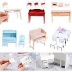 Pengfu Shop Mor Tarzı Sıcak Satış！1 Takım Ahşap Masa Yazı Çalışma Masası Bilgisayar Koltuğu Okul Masası Mobilya Modeli Oyuncak Dollhouse Dekor (Yurt Dışından) - Renkli