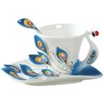 Pengfushop4 C Stili 180ML Eacock Kahve Kupaları Tabağı ve Kaşıkla 3D Yaratıcı Seramik Bardaklar Renkli Emaye Porselen Çay Su Şişesi Noel Hediyesi (Yurt Dışından) - Kahve Eşyaları