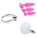 Penis Başı Halkası 25 mm + Silikon Üçlü Anal Tıkaç Seti Pembe + Kabarık Tavşan Kuyruğu Anal Tıkaç Beyaz