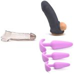 Penis Uzatıcı Penis Halkası Kılıf + Penis Uzatıcı Penis Halkası Siyah + Silikon Üçlü Anal Tıkaç Seti Mor